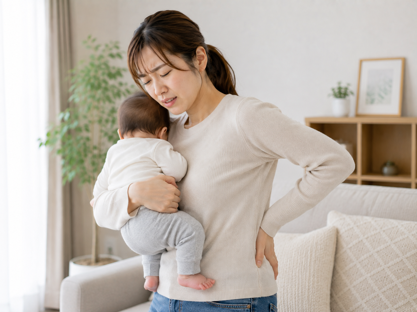 赤ちゃんを抱っこすると腰が痛い女性