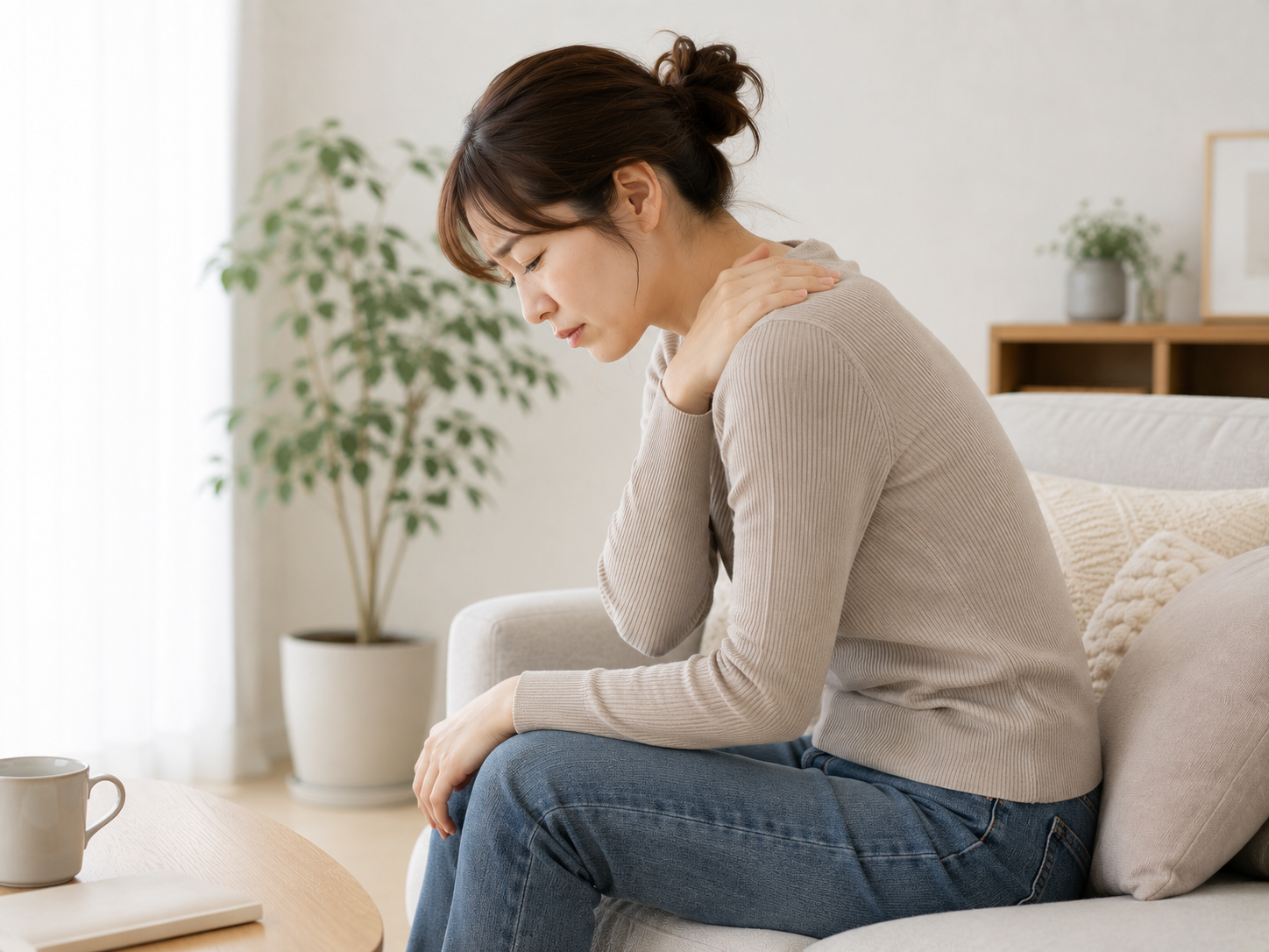 草津市で猫背が原因で肩こりに悩む女性